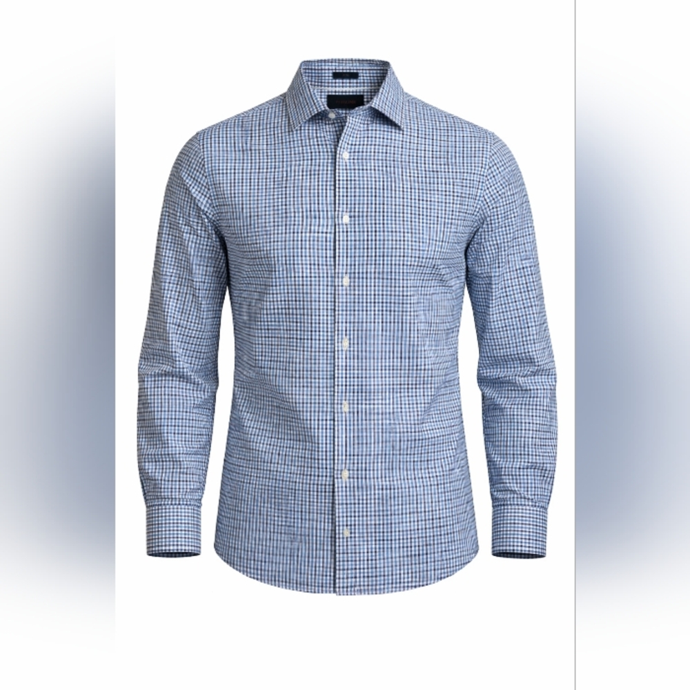 Mens Medium Slim Fairline blue plaid long sleeve button up shirt top